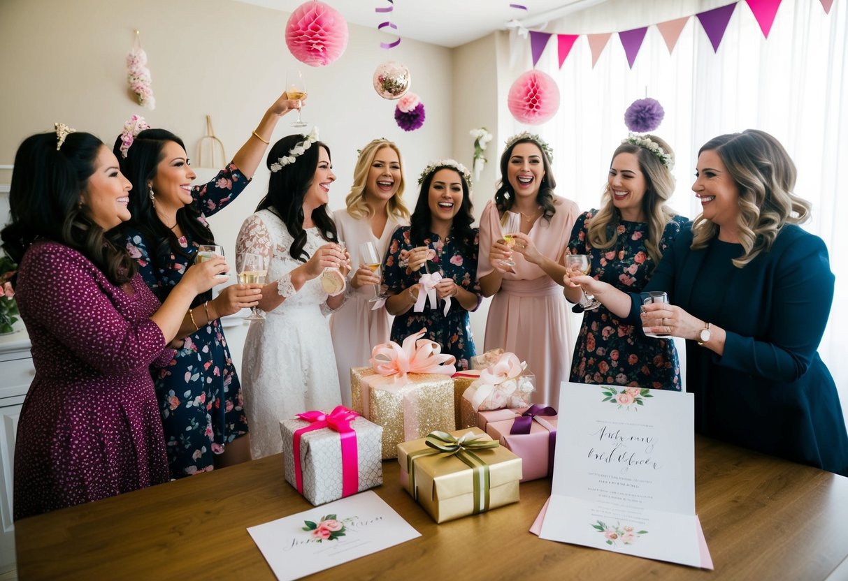 A group of women celebrating at a bridal shower with decorations and gifts, while a wedding invitation sits nearby, unnoticed