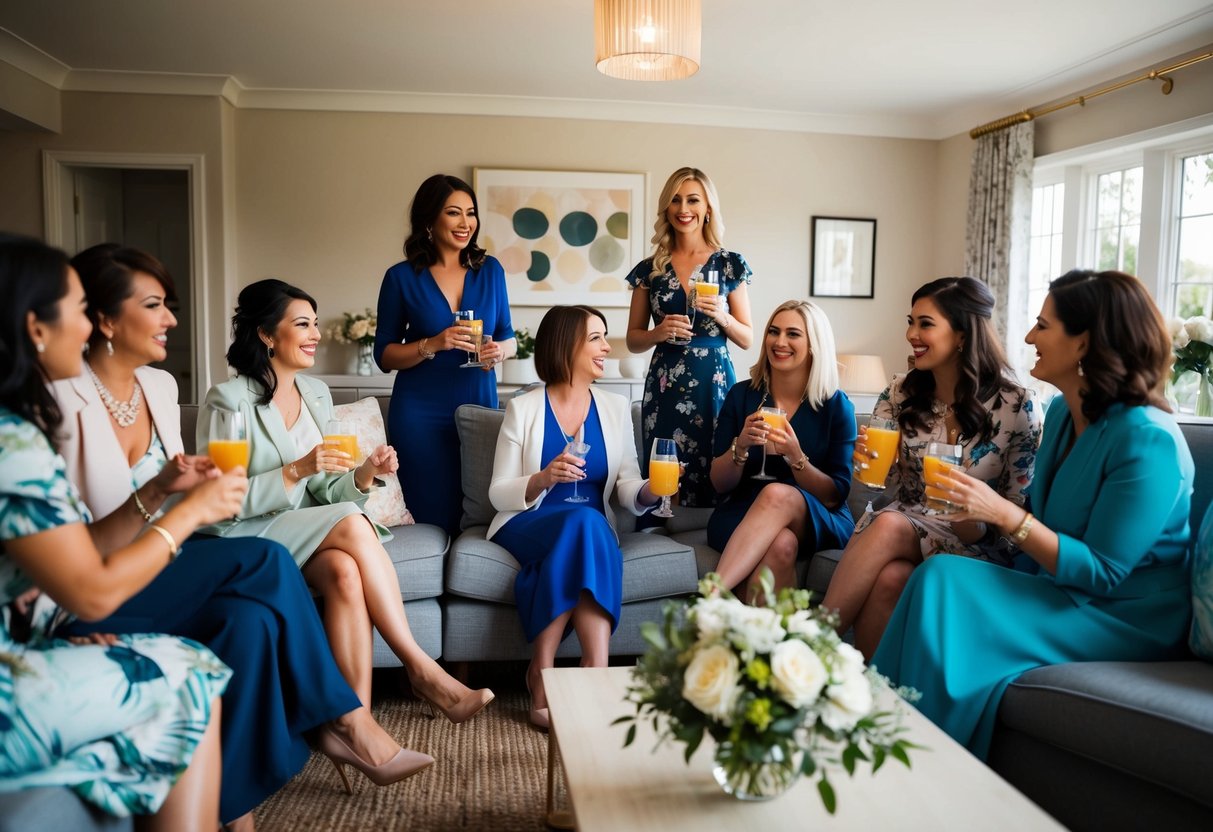 A group of women gather in a tastefully decorated living room, sipping drinks and chatting as they celebrate the upcoming wedding