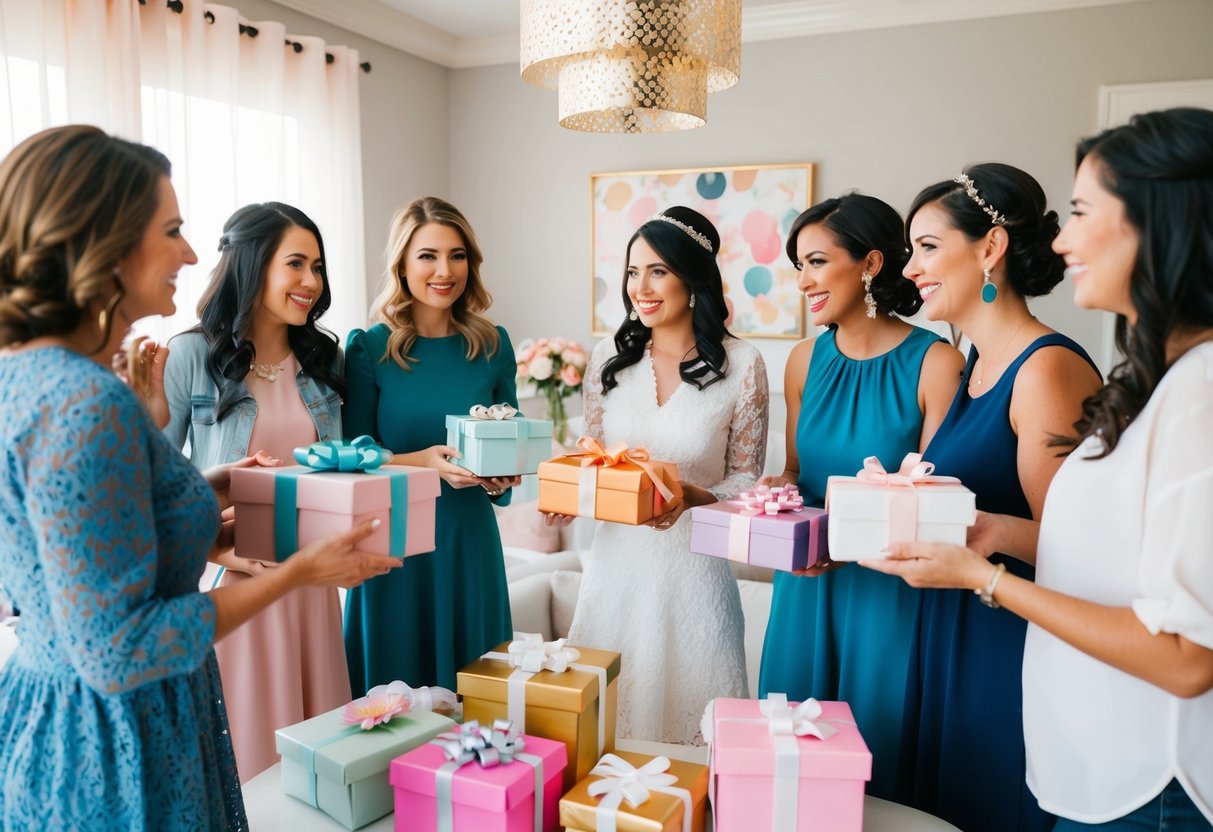 A group of women gathered in a decorated room, opening gifts and chatting at a bridal shower