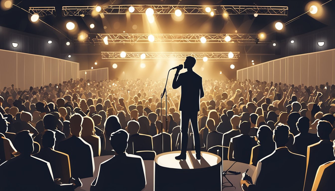 A crowded concert venue with stage lights shining on a lone microphone stand and musical instruments set up. Audience members eagerly await the start of the show