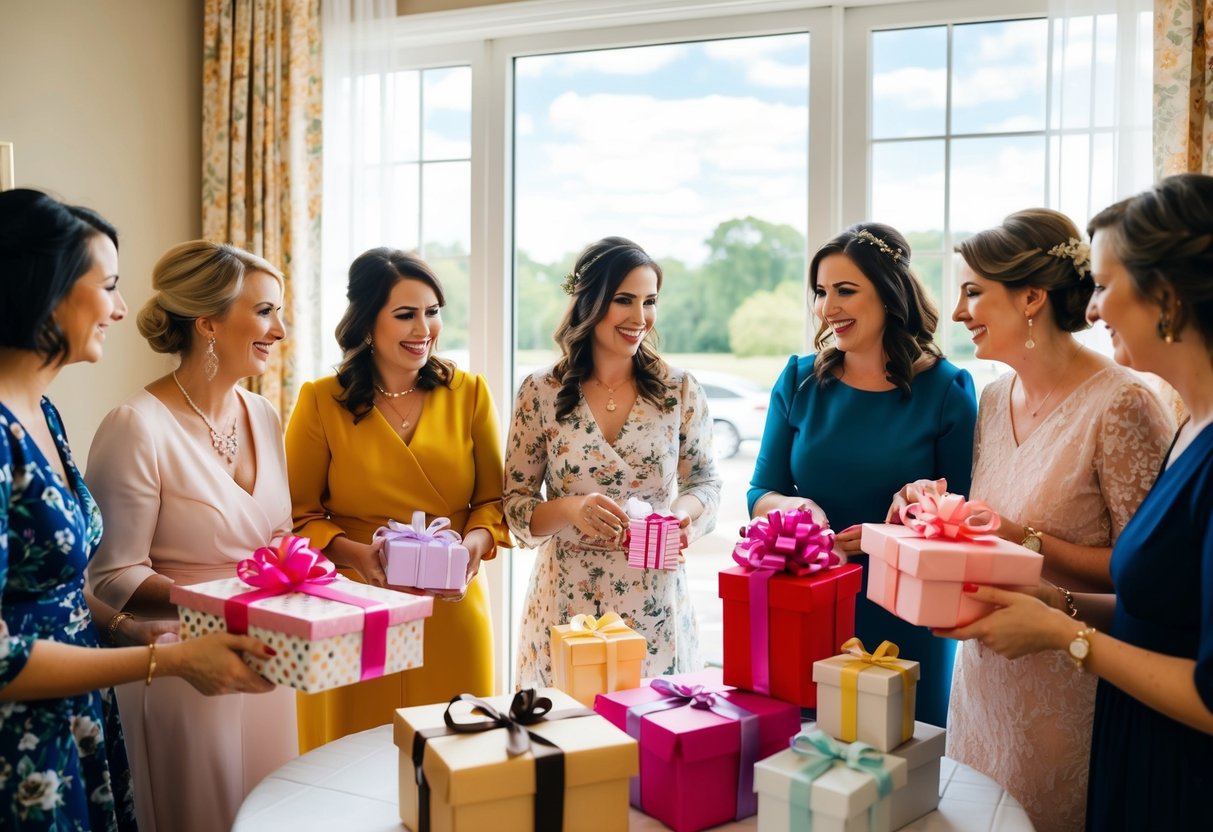 A group of women gather in a decorated room, opening gifts and chatting at a bridal shower. Outside the window, a sunny day hints at the upcoming wedding