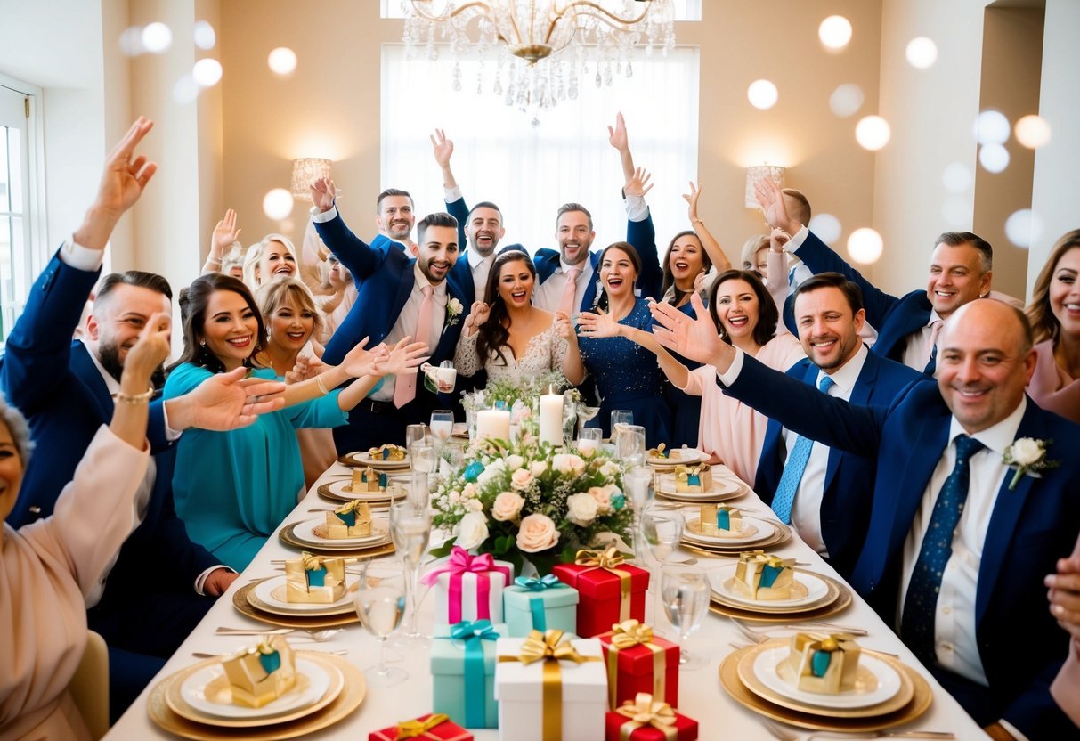 A table adorned with elegant decorations and a spread of gifts, surrounded by joyful guests celebrating the upcoming wedding