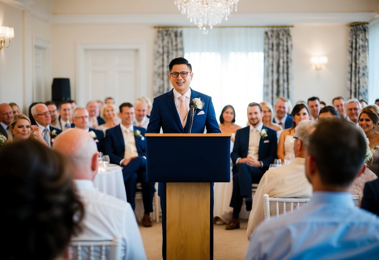 A person standing at a podium, confidently delivering a wedding speech to a room full of guests