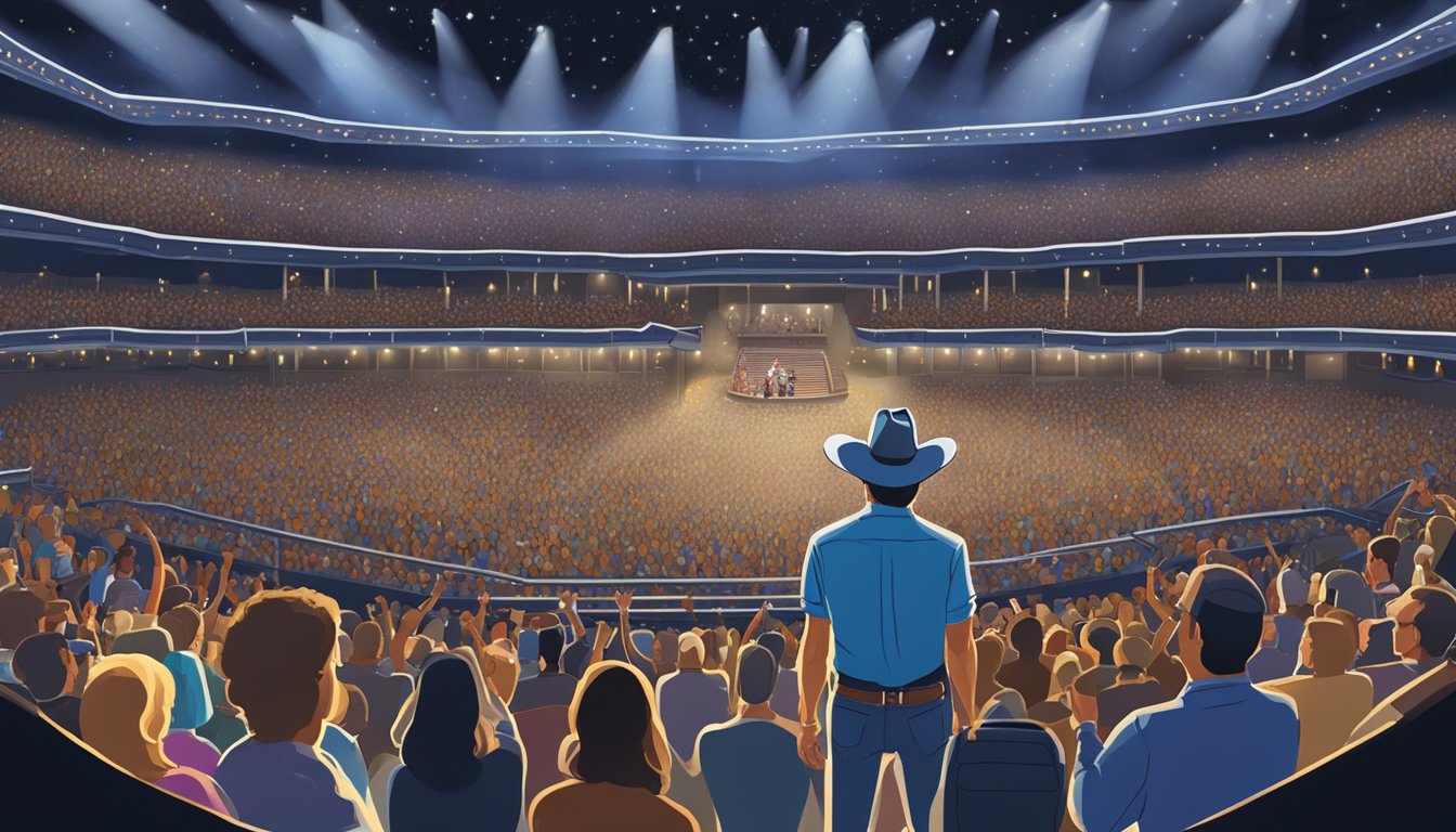 A crowded concert venue with a stage, lights, and a large crowd of people enjoying a live performance by George Strait