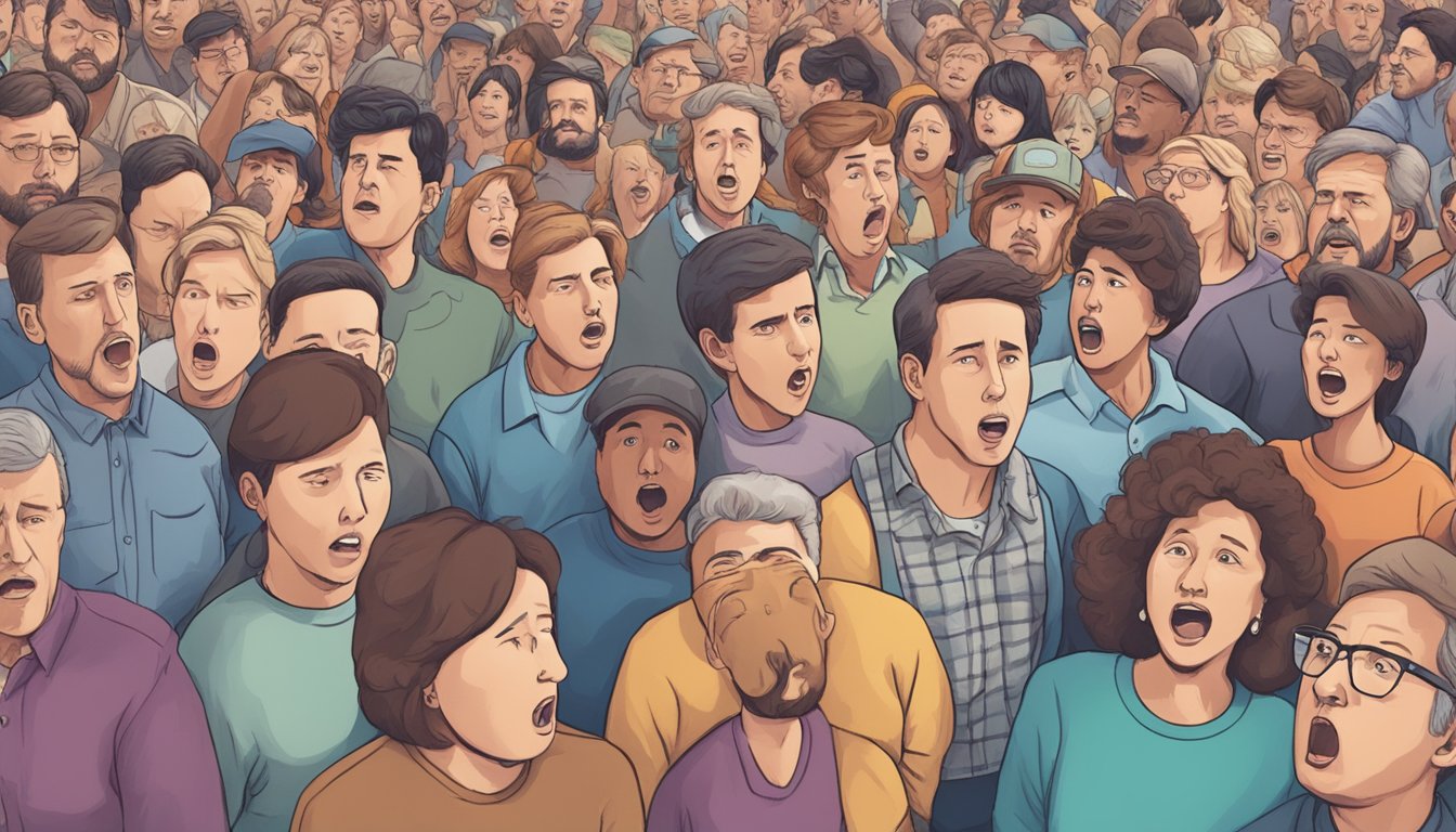 A crowd of people reacting to false news of George Strait's heart attack, spreading panic and confusion