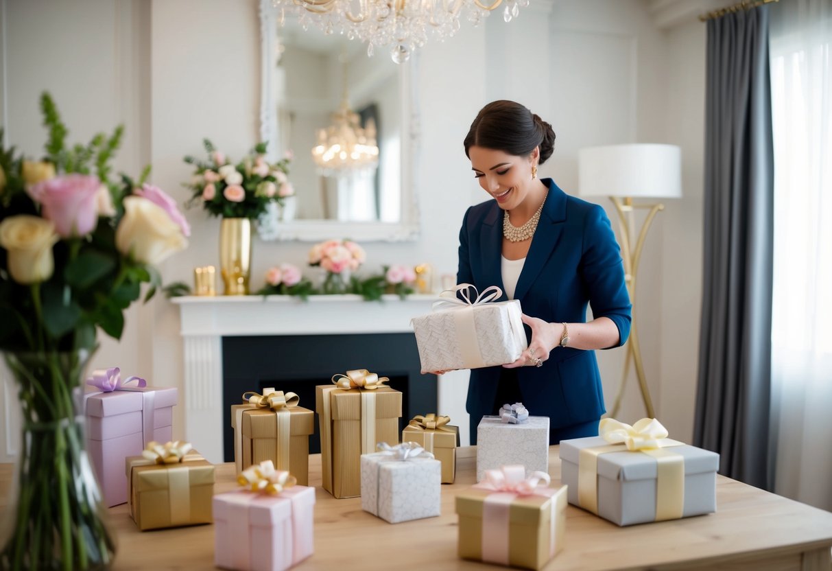A woman arranges a bridal shower, setting up decorations and gifts in a tastefully decorated room