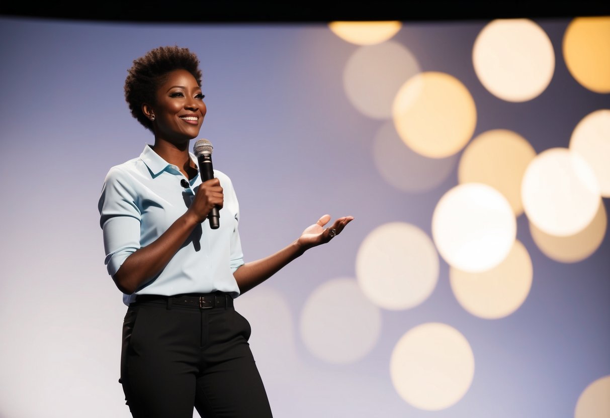 A person standing confidently on a stage, speaking into a microphone with a relaxed and assured posture, exuding confidence and poise