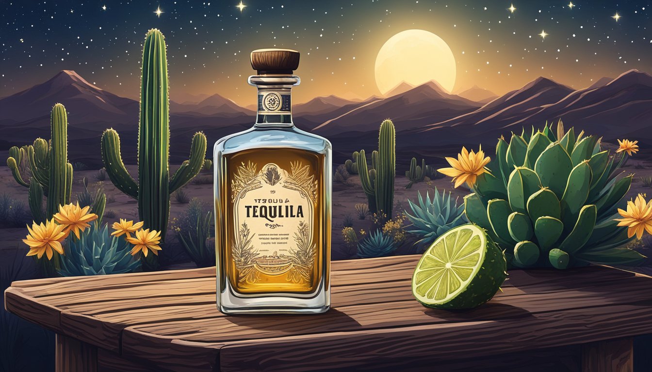 A lone bottle of tequila sits on a rustic wooden table, surrounded by cacti and desert flowers under a starry night sky