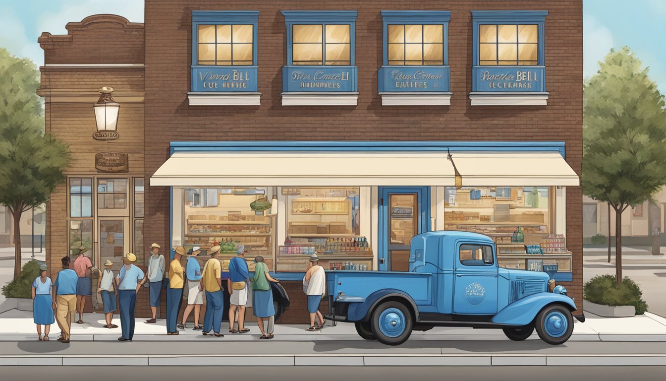 A vintage Blue Bell Creameries truck parked outside a storefront in Broken Arrow, with customers lined up to purchase ice cream