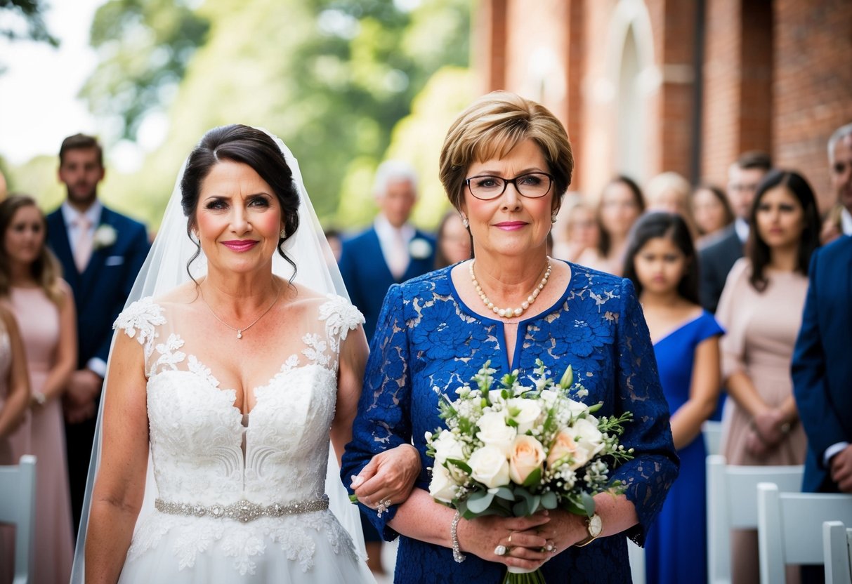 A mother of the bride watches proudly as her daughter walks down the aisle