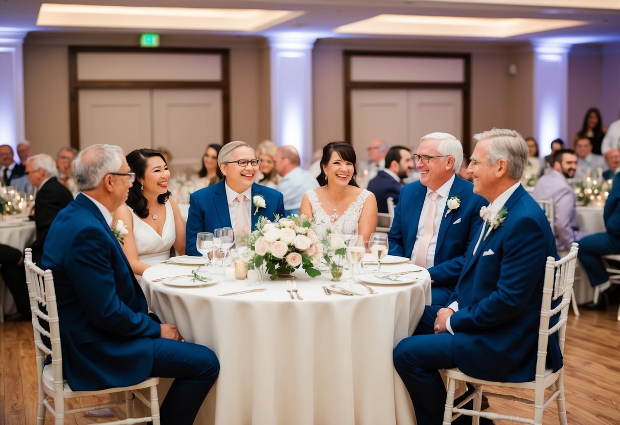 Both sets of parents sit together at a round table, chatting and laughing while enjoying the wedding reception
