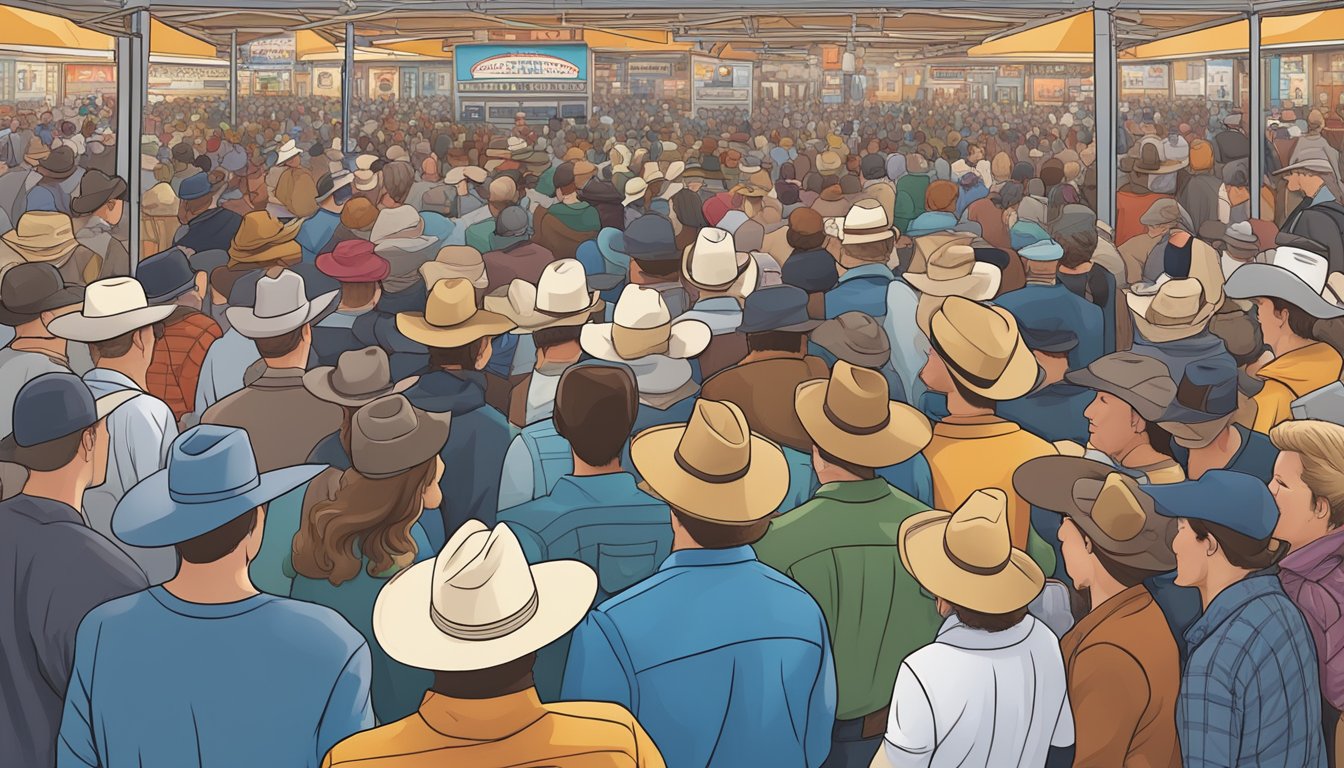 A bustling crowd surrounds a kiosk selling George Strait tickets and merchandise in Denver