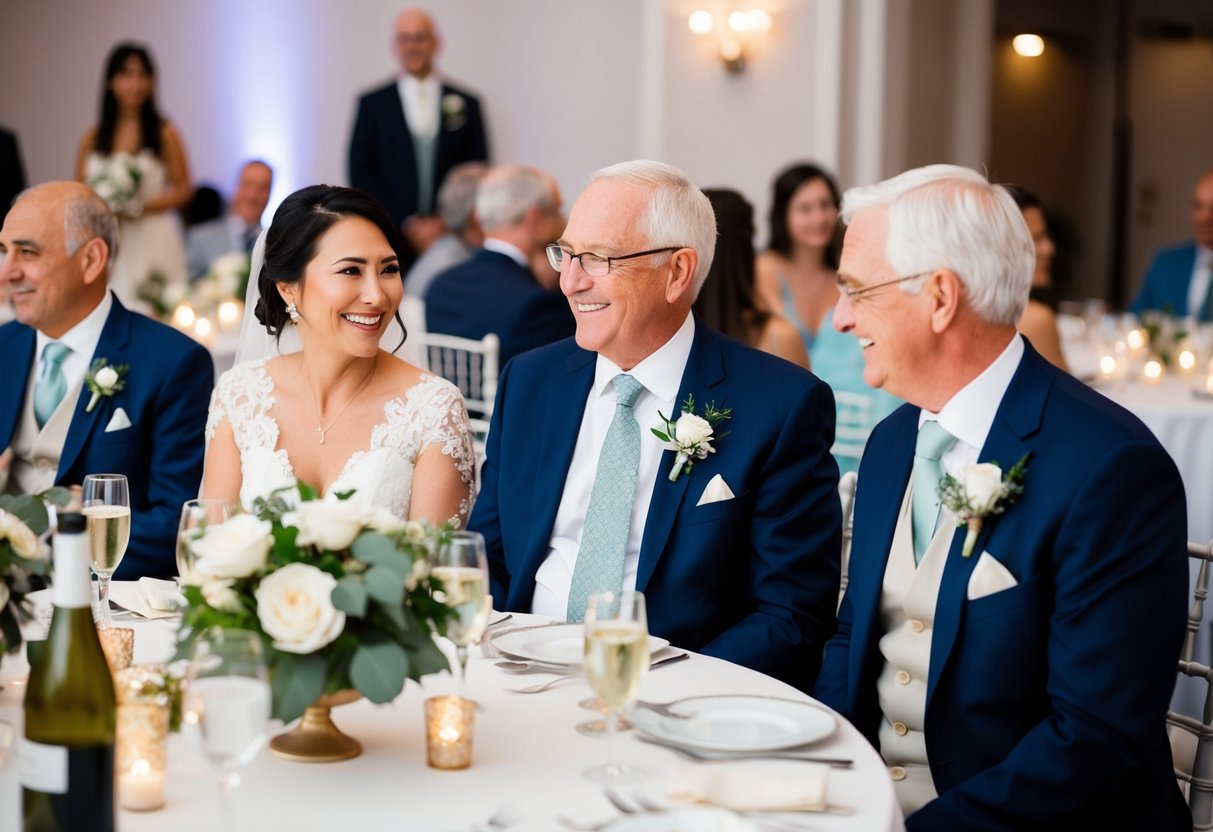 Both sets of parents seated at a round table, smiling and engaged in conversation, while the wedding reception unfolds around them