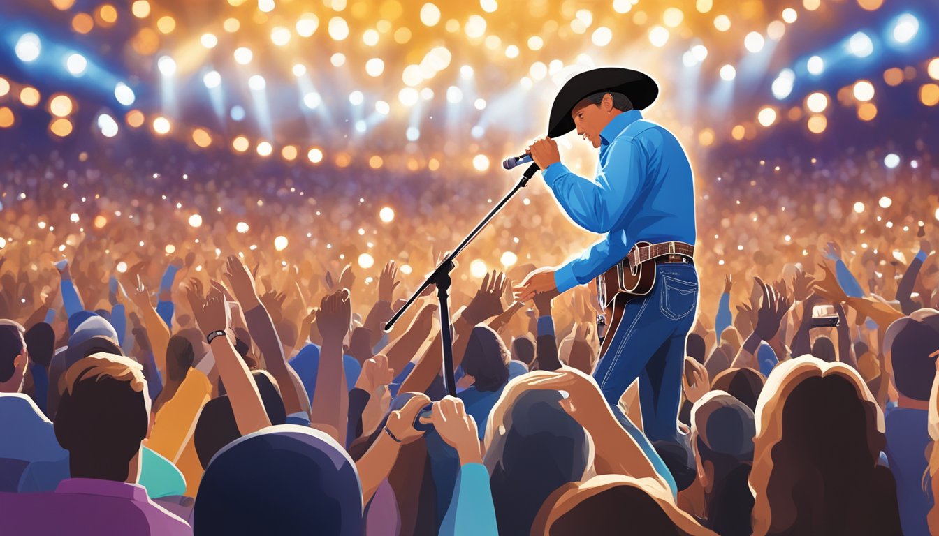 George Strait performing on stage in Denver, surrounded by a sea of cheering fans and bright stage lights