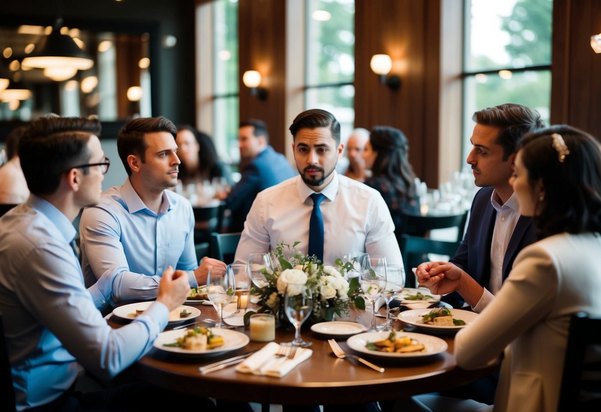 A group of people sitting around a table at a restaurant, with one person looking uncomfortable as the others discuss the bill for the rehearsal dinner