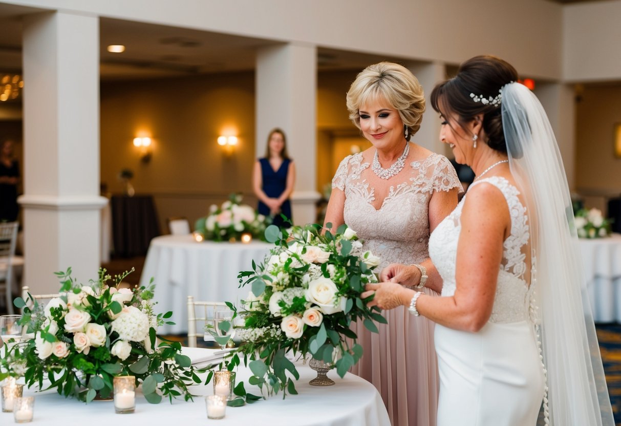 The mother of the bride arranges flowers and decorates the reception hall after the ceremony
