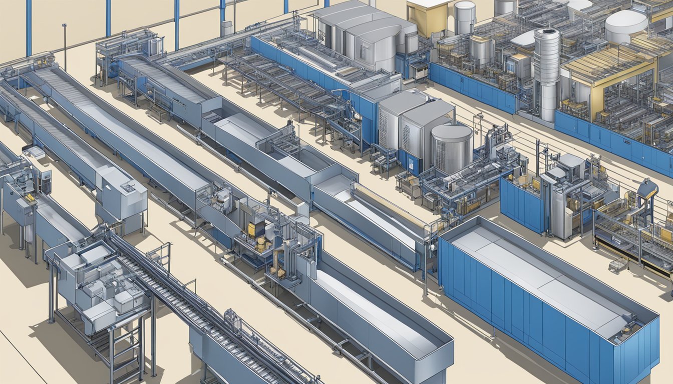 A modern factory with robotic arms and conveyor belts, producing blue bell creameries products in Broken Arrow