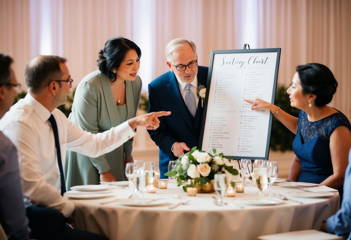 Parents discussing seating chart at a wedding reception, gesturing and pointing at tables