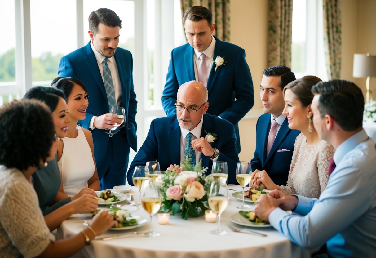 A group of people gathered around a table, with one person appearing hesitant to contribute to the bill for the rehearsal dinner