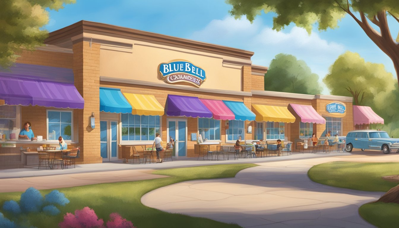 A sunny day at Blue Bell Creameries in Broken Arrow, with a variety of ice cream flavors on display in a colorful, inviting setting