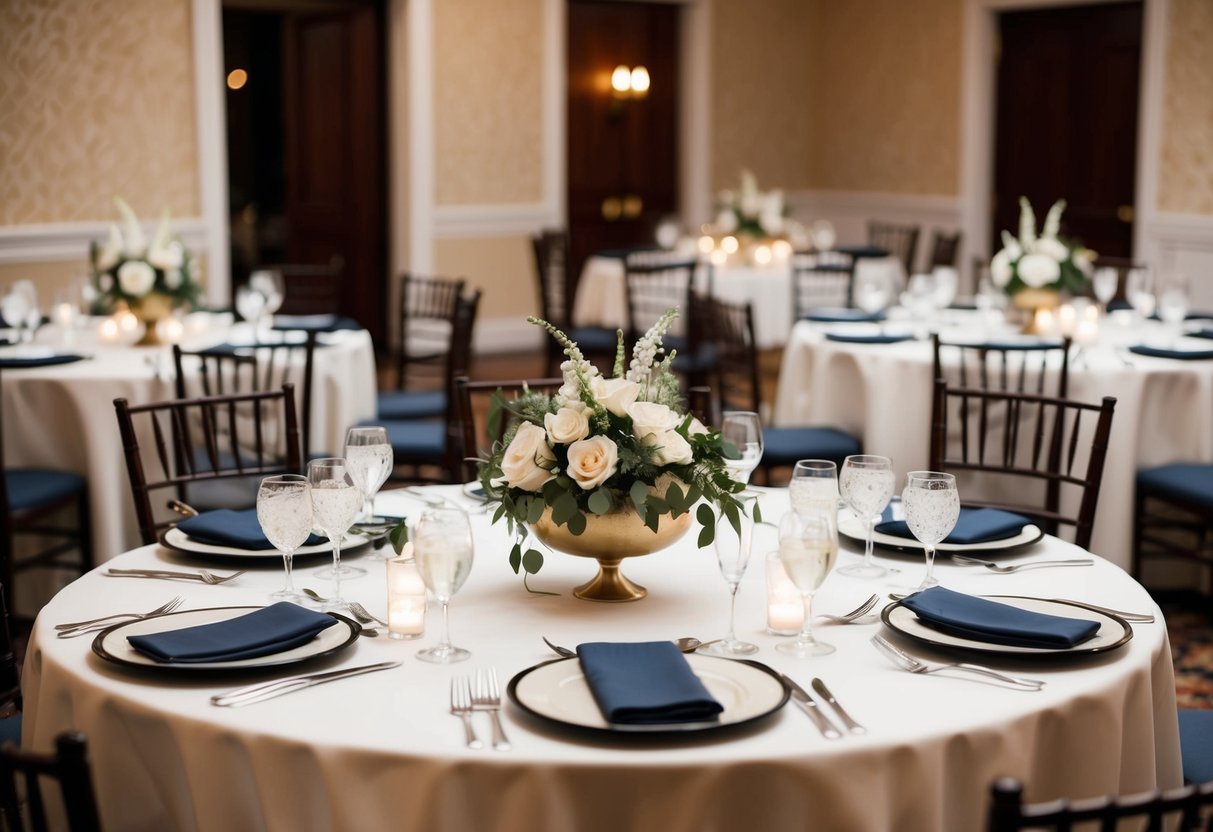 A table set for a rehearsal dinner, with empty chairs and elegant place settings