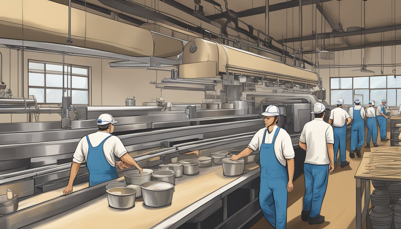 A group of workers at Blue Bell Creameries in Broken Arrow, Oklahoma, are seen collaborating and coordinating tasks under the guidance of a manager