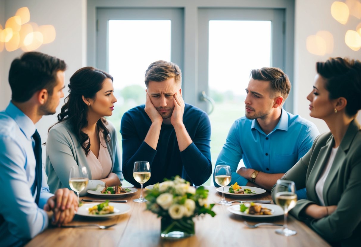A group of people gathered around a table, with one person appearing uncomfortable while others discuss the topic of who should pay for the rehearsal dinner