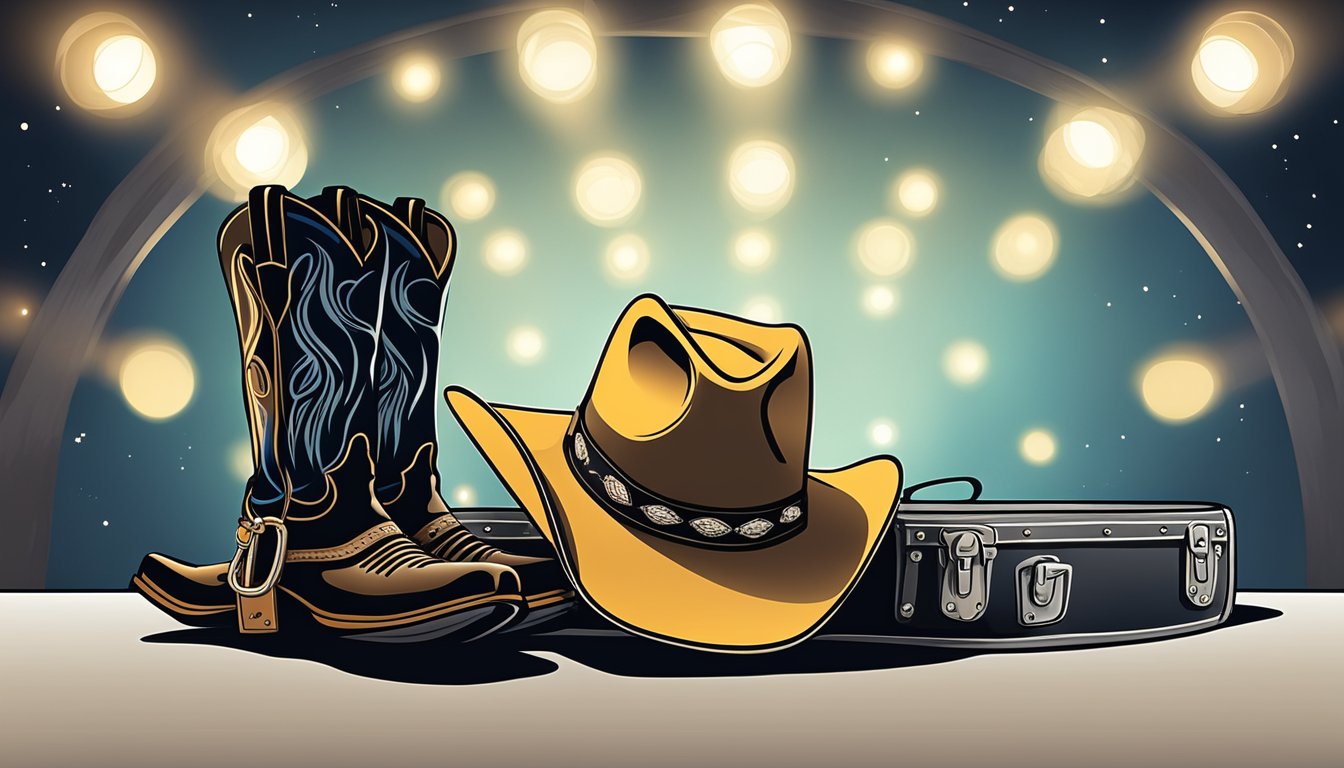 A cowboy hat resting on a guitar case beside a pair of well-worn boots, under the glow of stage lights