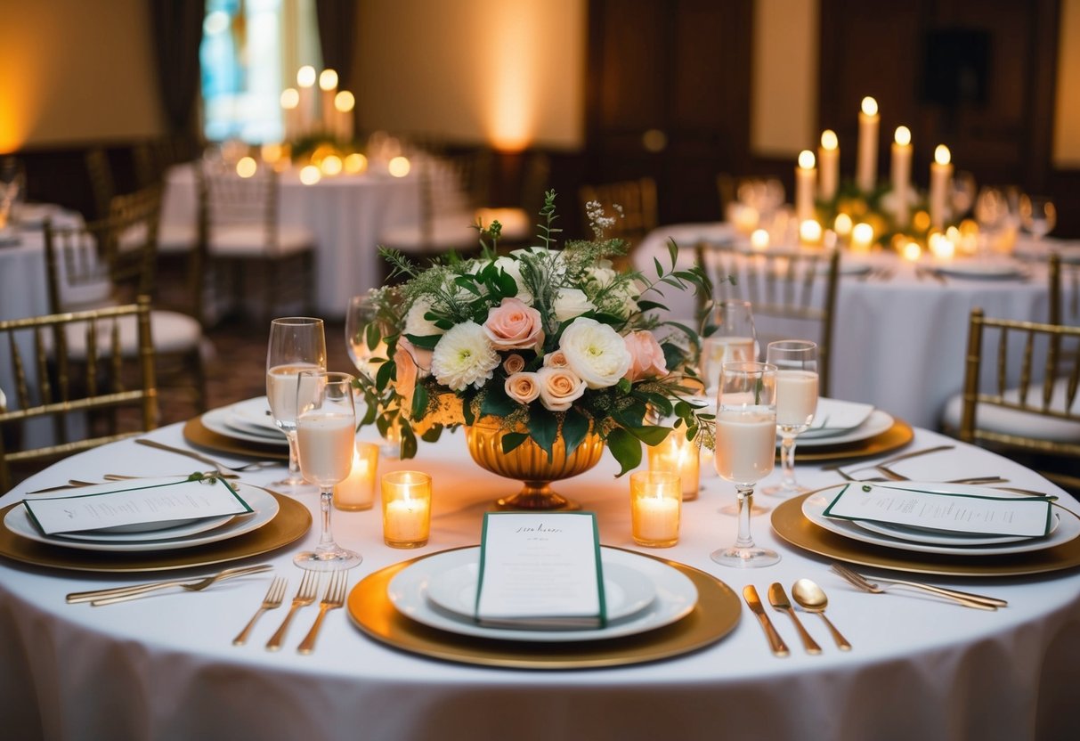 A beautifully set table with elegant place settings and a centerpiece of fresh flowers, surrounded by warm candlelight and soft music playing in the background