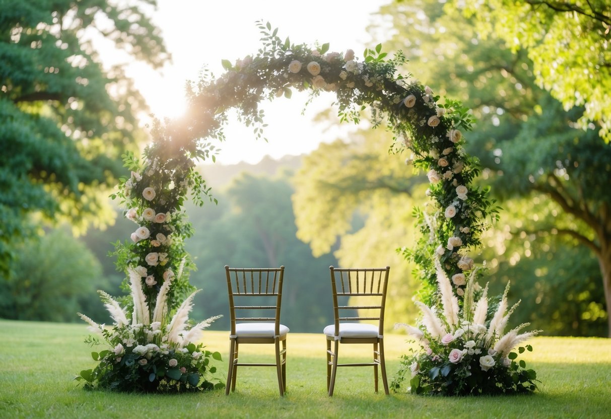 A serene outdoor setting with a floral arch and two chairs facing each other, surrounded by lush greenery and soft sunlight filtering through the trees