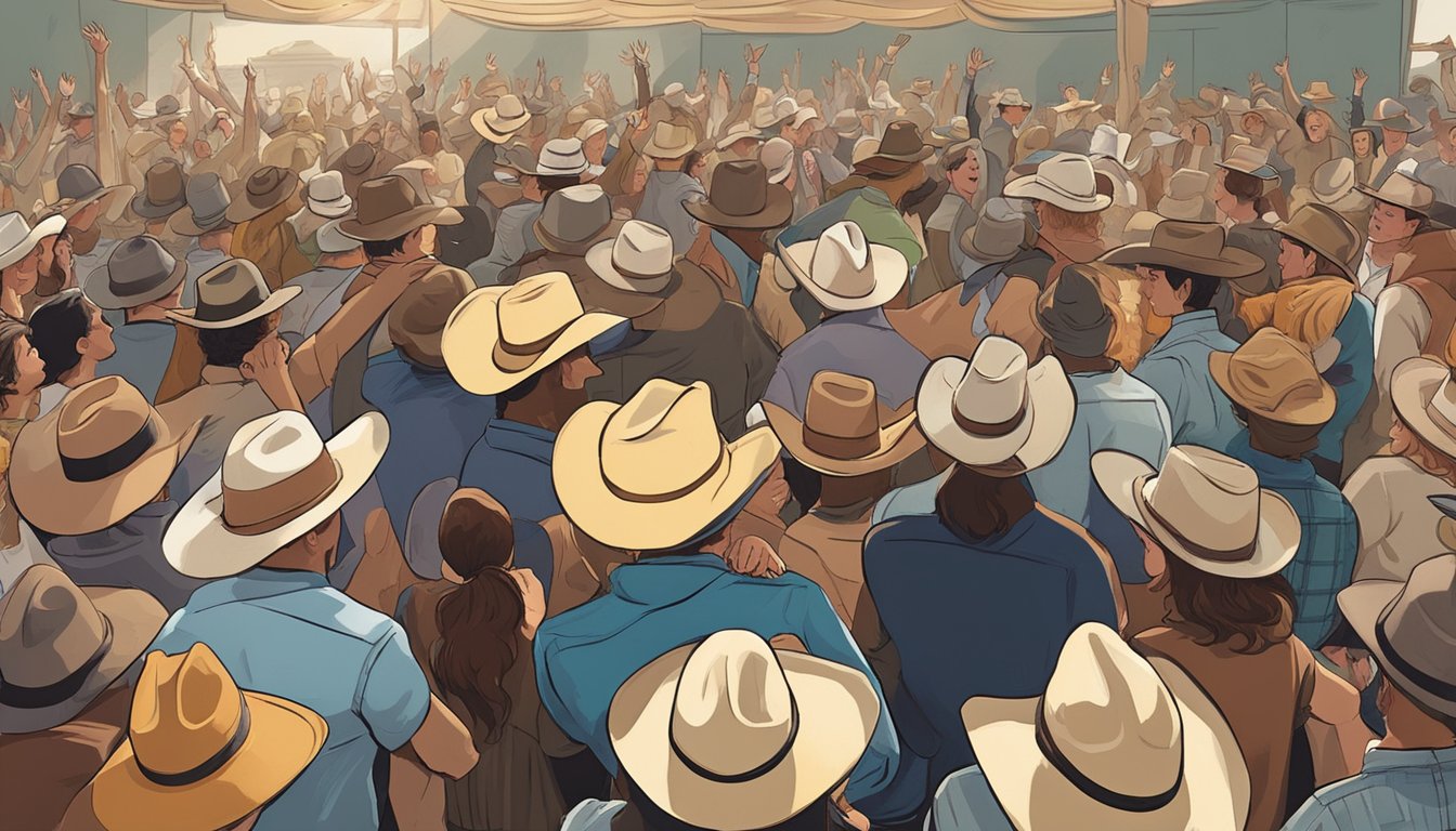 A lively concert crowd, with people dancing and singing along to country music. Cowboy hats and boots are prominent, and a sense of joy and camaraderie fills the air