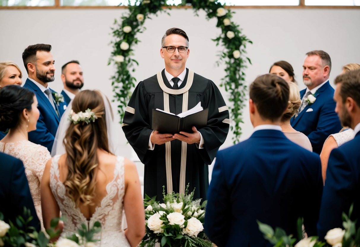 The officiant stands at the front of the ceremony space, facing the guests and the couple. They hold a ceremonial book or script in their hands