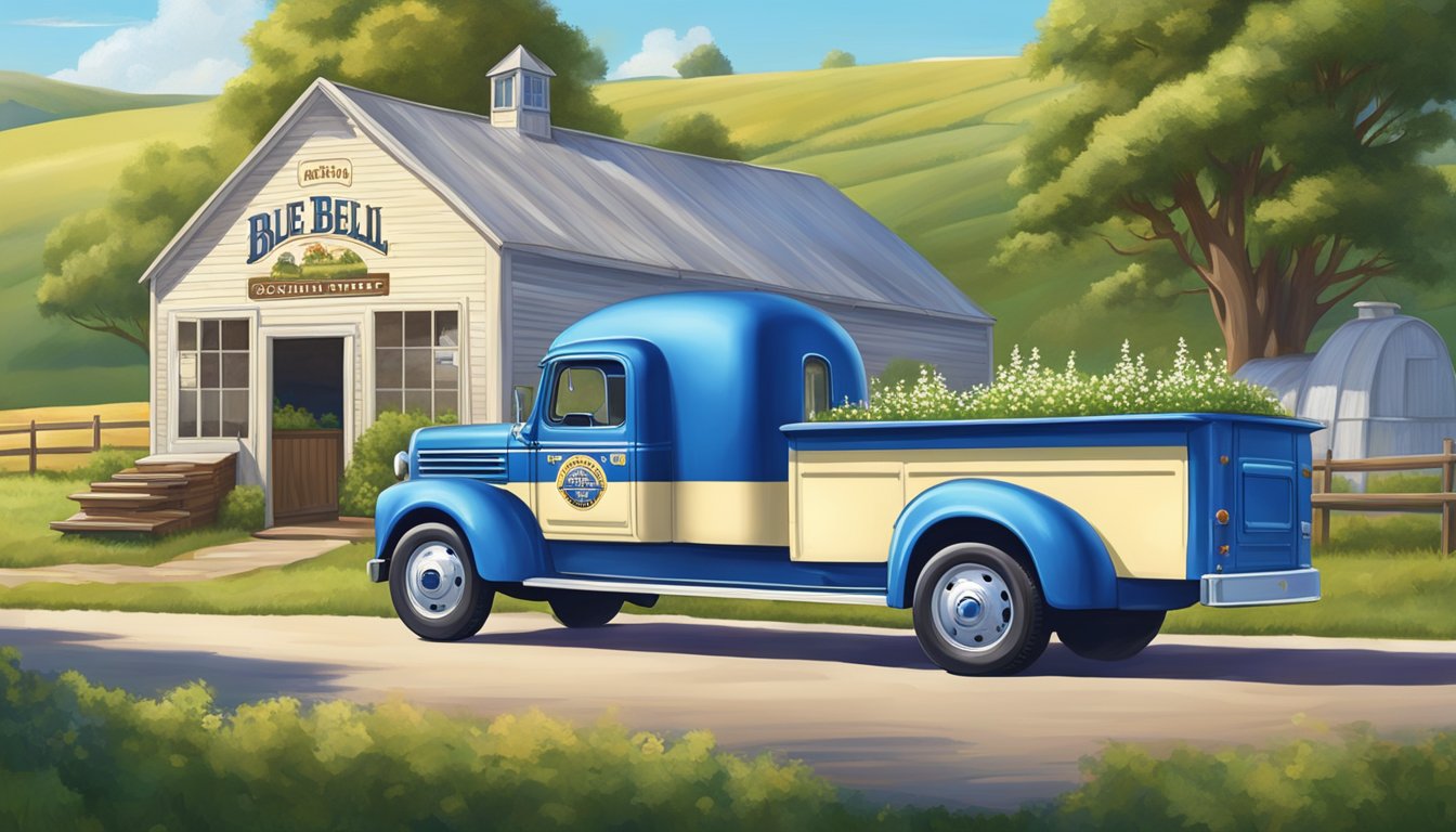 A vintage blue Bell Creameries delivery truck parked in front of a quaint dairy farm, with a backdrop of rolling green hills and a bright blue sky