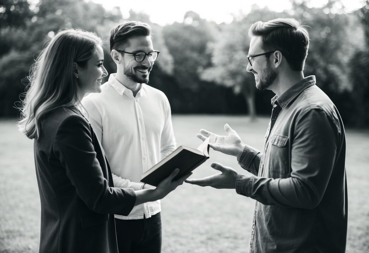 A couple stands before a friend, who holds a book and gestures to them, in a simple outdoor setting