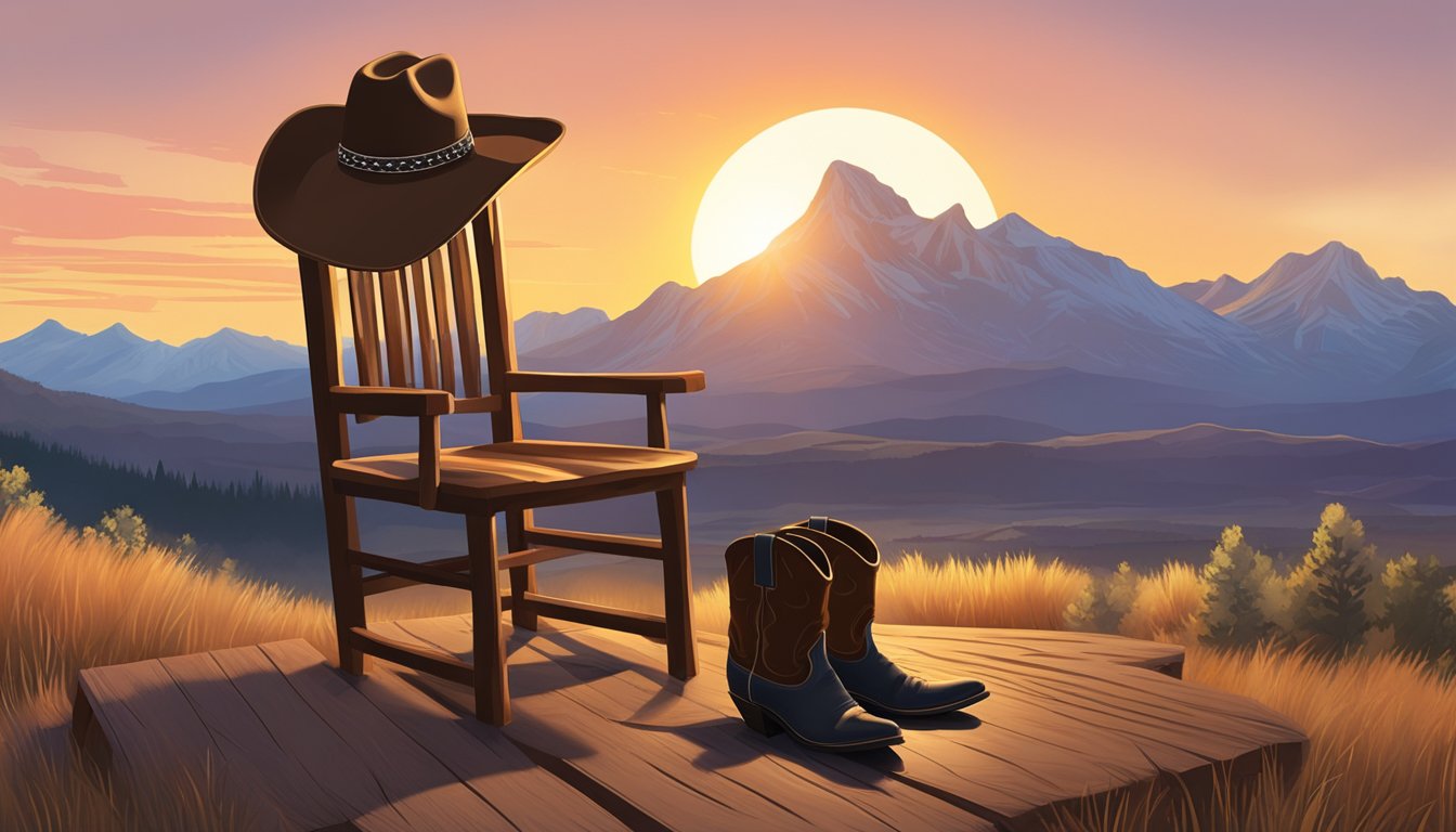 A cowboy hat rests on a wooden chair, next to a guitar and a pair of worn boots. The sun sets behind a distant mountain