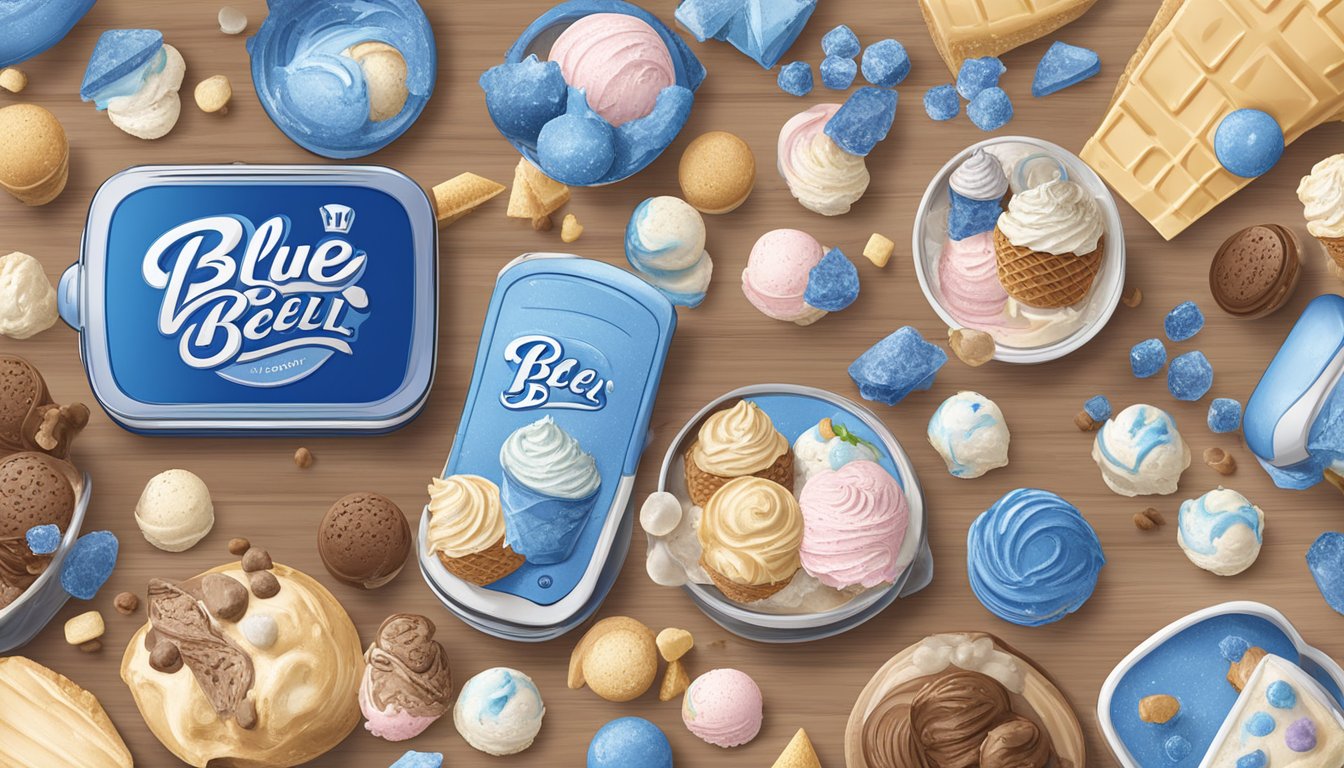 A phone with a blue bell creameries logo surrounded by various ice cream products