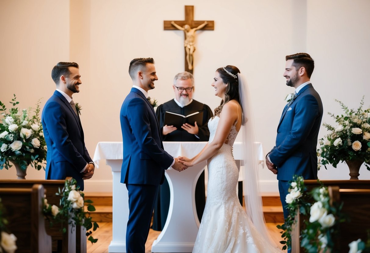 A couple stands before an altar, a friend officiating their wedding ceremony. The setting is intimate and personalized, reflecting their unique love story