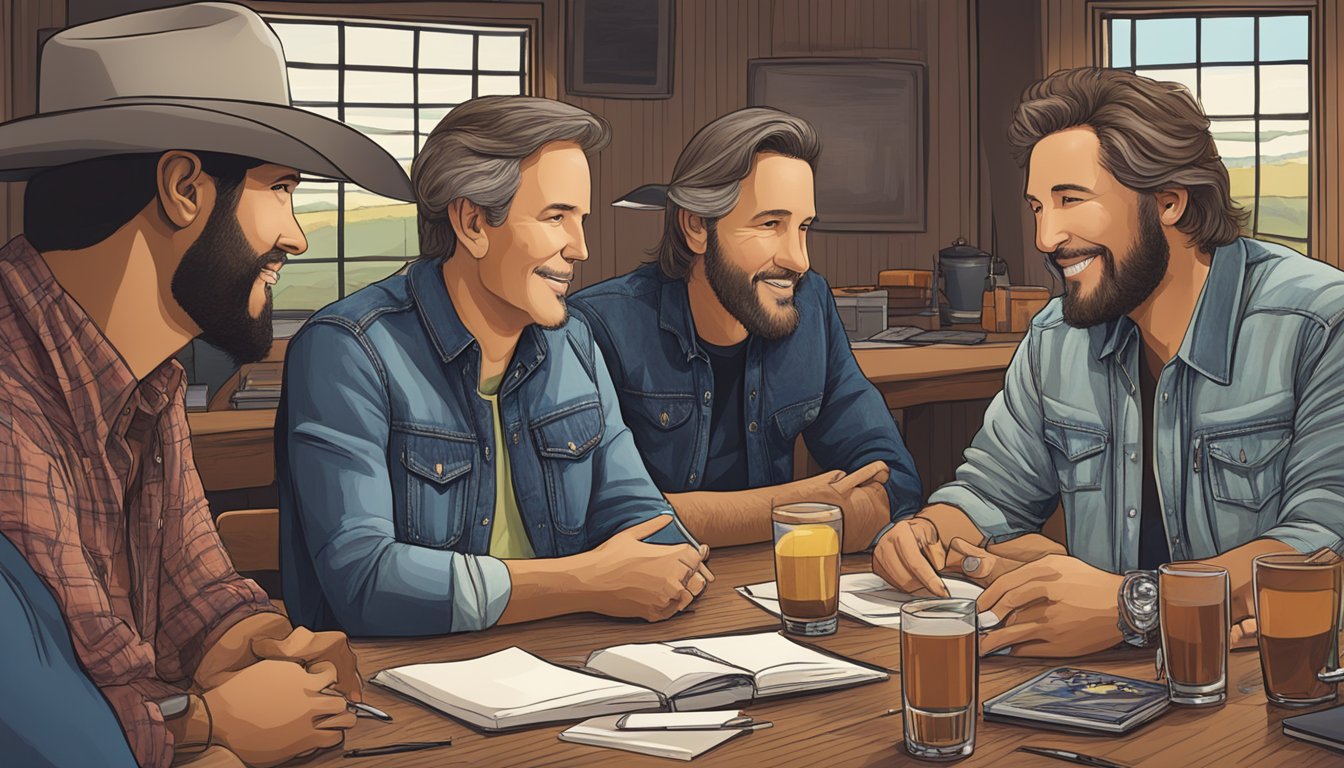 A group of musicians and songwriters gather around a table, discussing and collaborating on George Strait's latest project