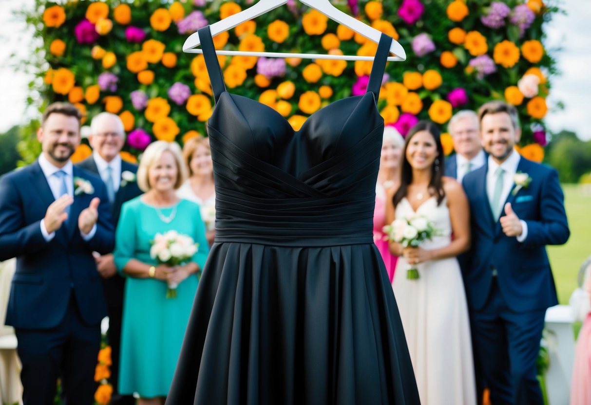 A black dress stands out against a backdrop of vibrant flowers and cheerful guests at a wedding