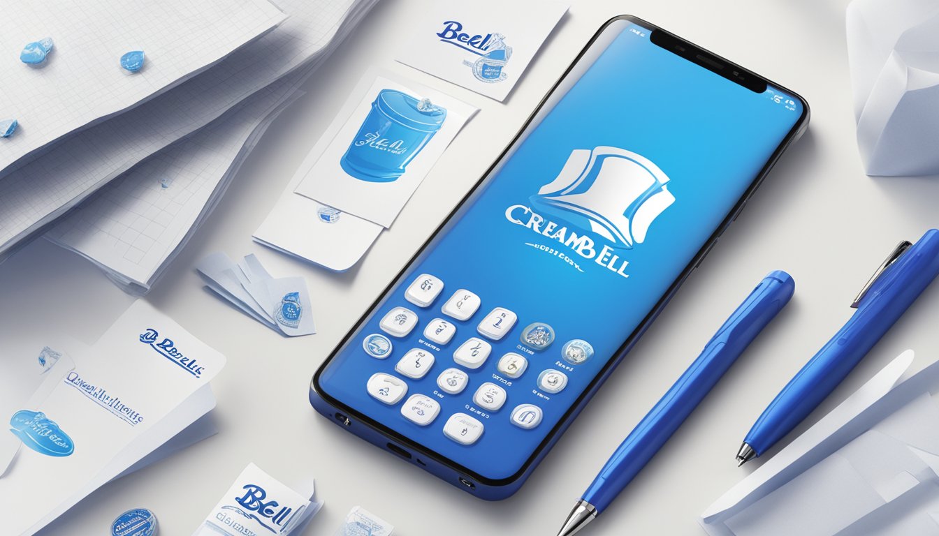 A bright blue phone with the Blue Bell Creameries logo sits on a clean white desk, surrounded by a few scattered papers and a pen