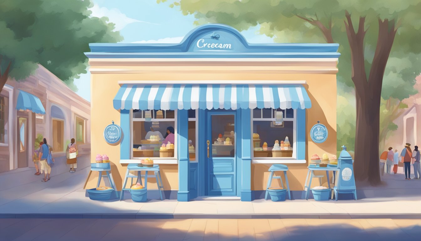 A quaint ice cream shop with a blue and white exterior, a charming bell hanging above the entrance, and a line of customers waiting to enter