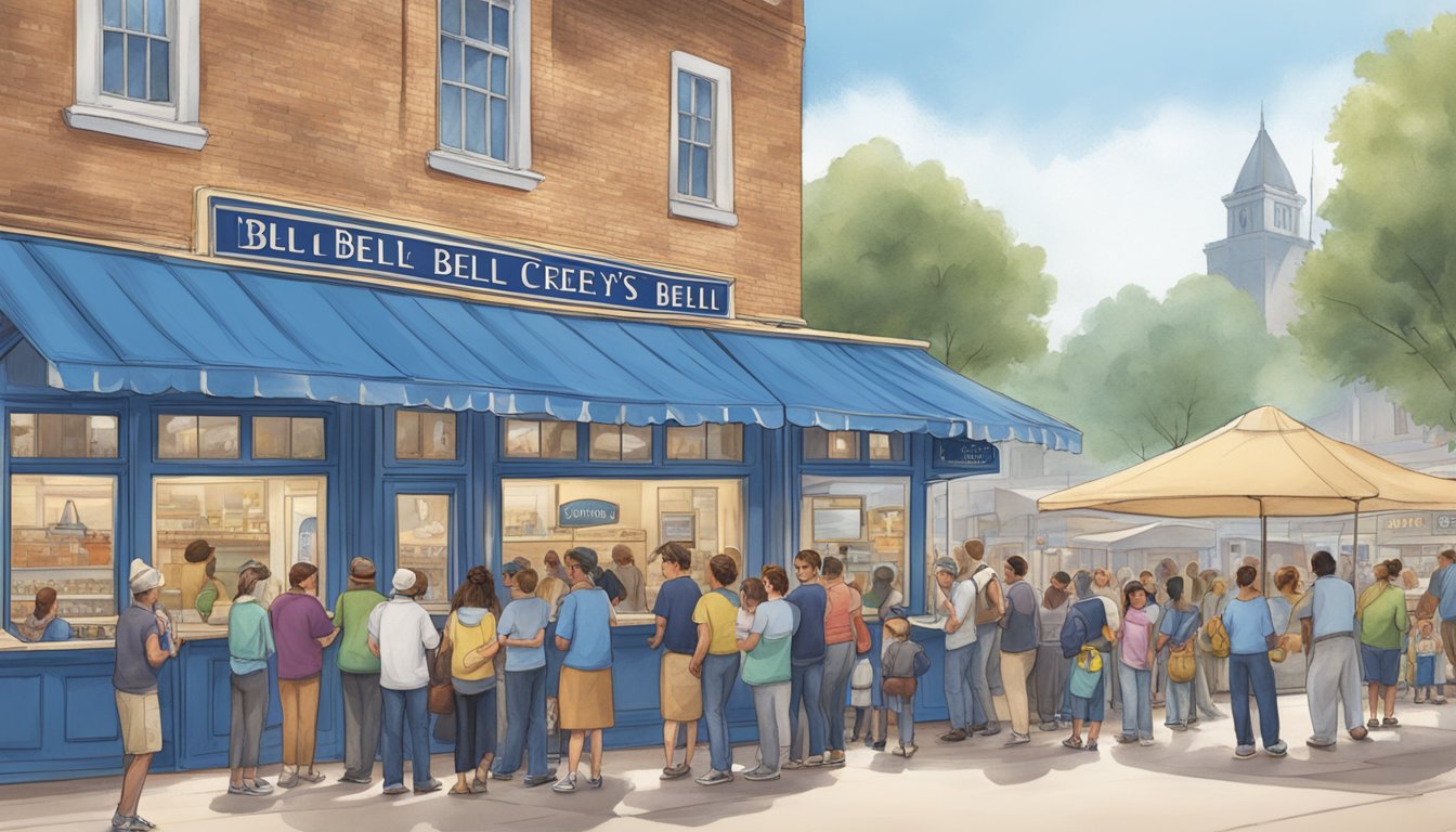 A bustling town square with people lining up at a blue bell creameries booth, eagerly engaging with staff and exchanging contact information