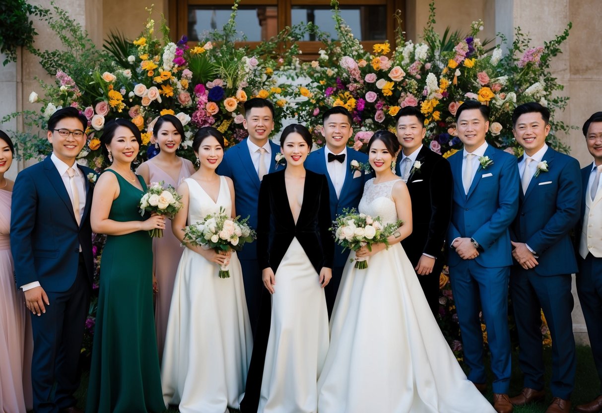 A group of elegantly dressed wedding guests, with one person wearing a black outfit, surrounded by colorful floral decorations