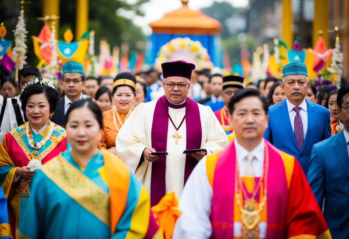 A colorful procession with the officiant leading the way, followed by various cultural symbols and participants in a distinct order