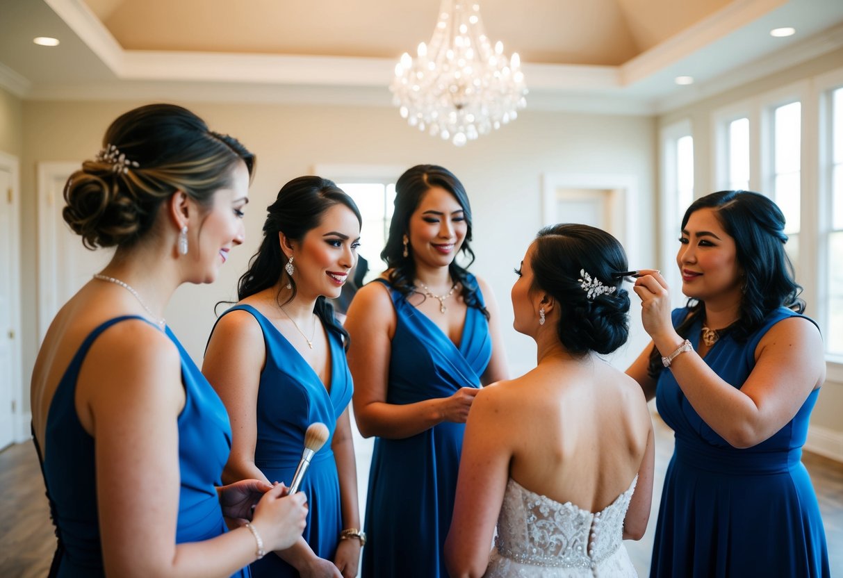 A group of women in a spacious, well-lit room, with a makeup artist applying finishing touches to the bride's makeup