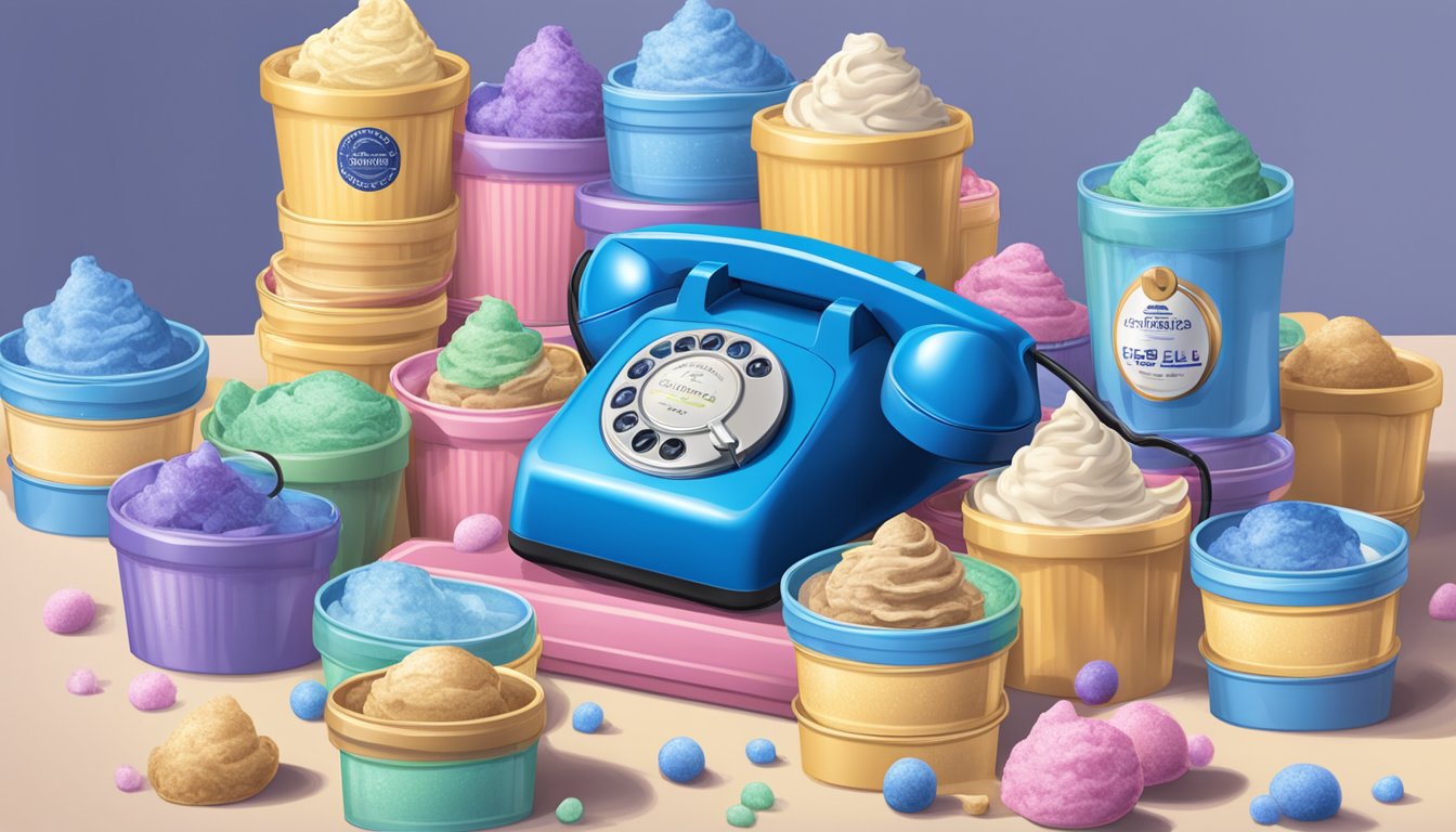 A ringing telephone surrounded by a stack of blue bell ice cream containers