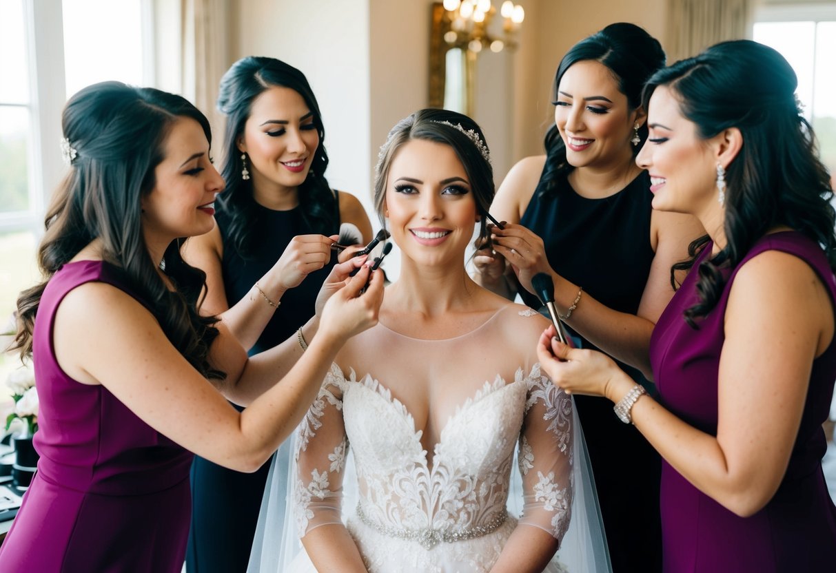 A group of beauty professionals surround a bride, applying makeup and styling hair for her special day