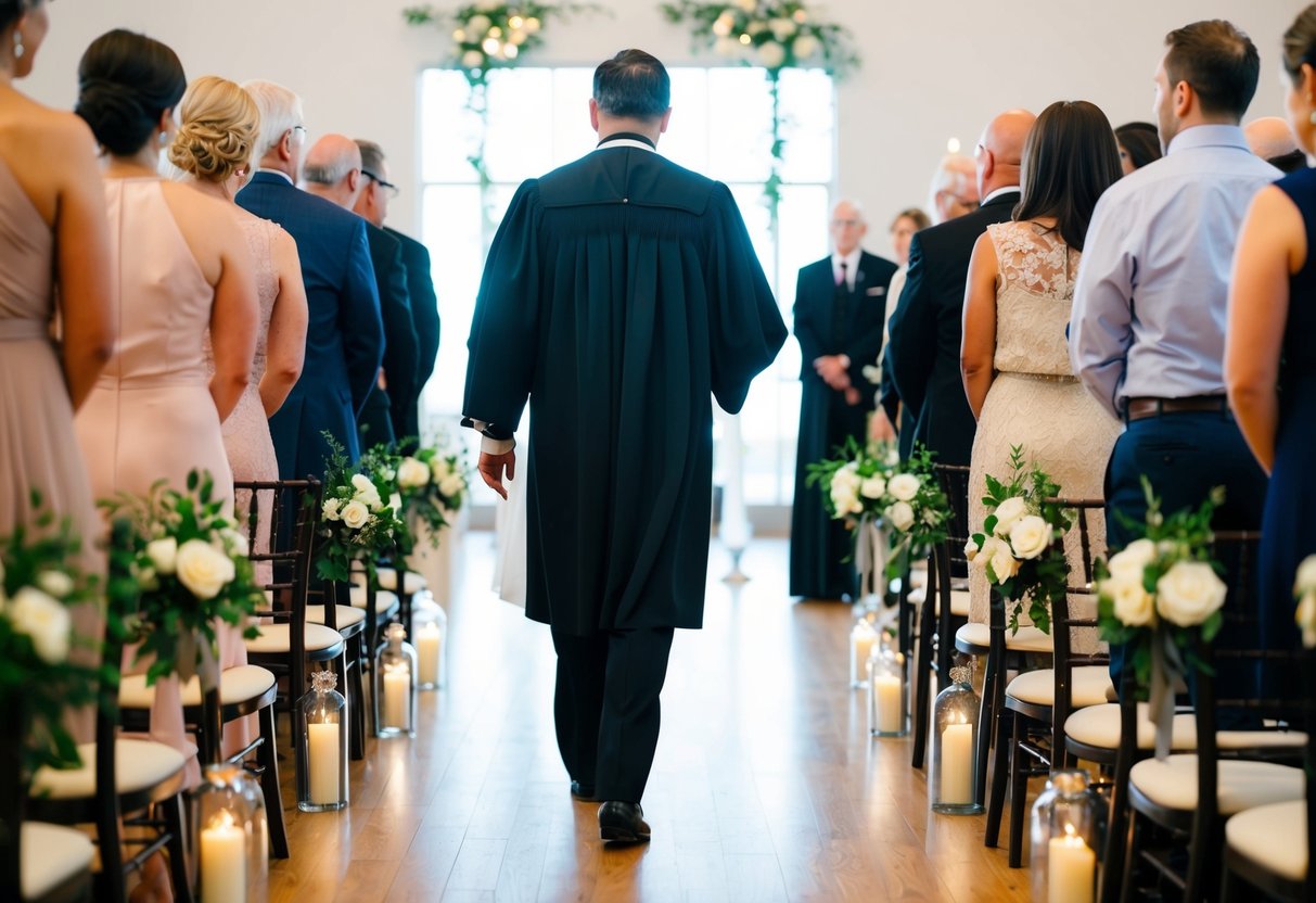 The officiant leads the wedding processional, walking with purpose and grace towards the ceremonial space