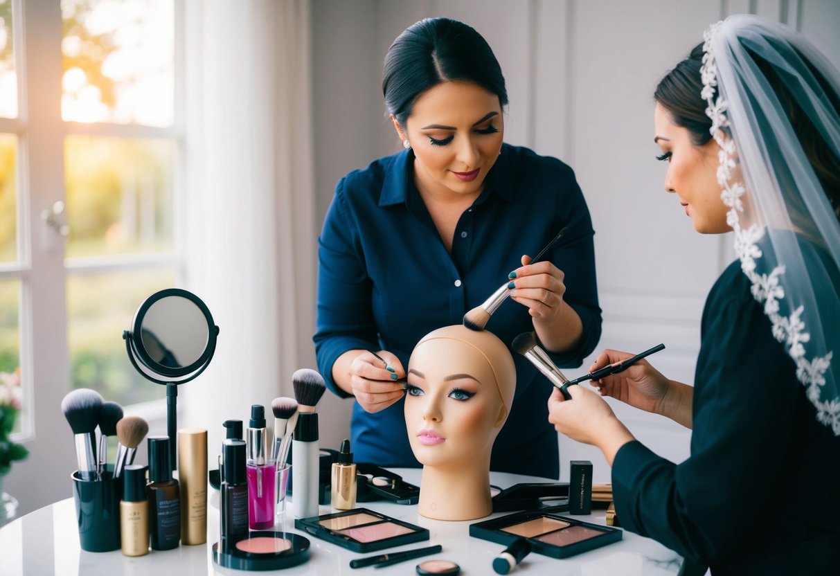 A makeup artist surrounded by various cosmetic products and tools, carefully applying makeup on a mannequin's face, with a bridal veil hanging nearby