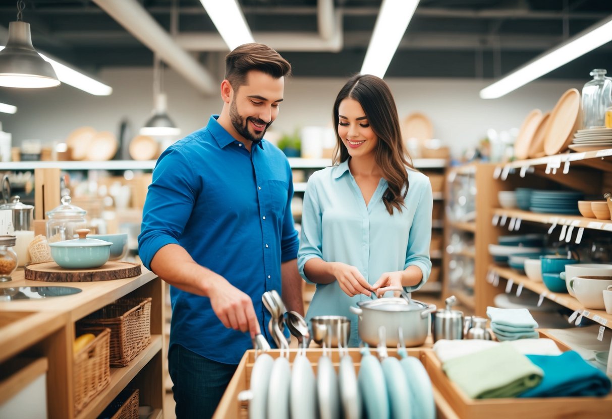 A couple browsing through a variety of household items, such as kitchenware and linens, at a store